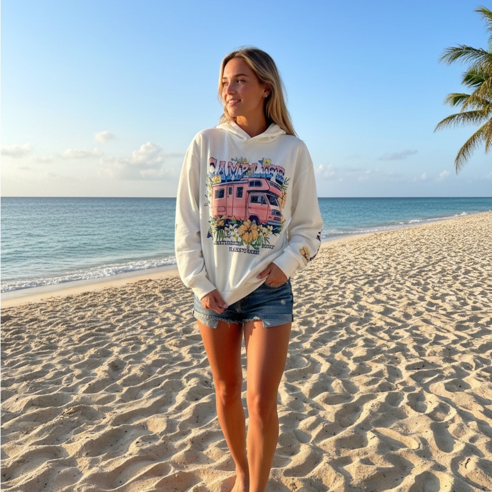 Women’s White Crewneck Hoodie with Pink Travrl Van Graphic sweatshirt, size xl